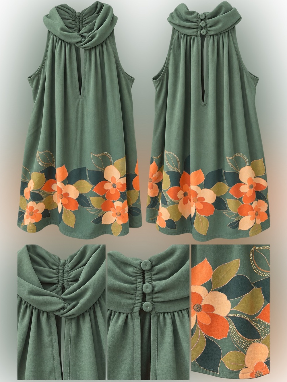La SENZA Green Sleeveless keyhole blouse with Orange Floral print